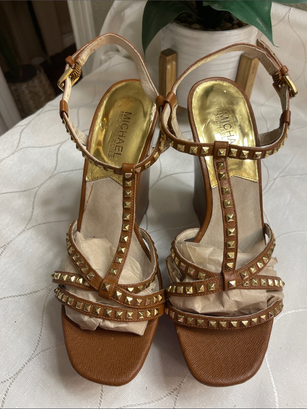 MICHAEL Michael Kors Tan Studded T-Strap Block Heel Sandals
